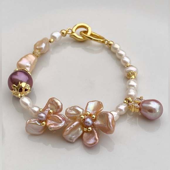 Hand Crafted Jewelry - B13-Handmade Double Pink Flowers And Purple Edison Bracelet